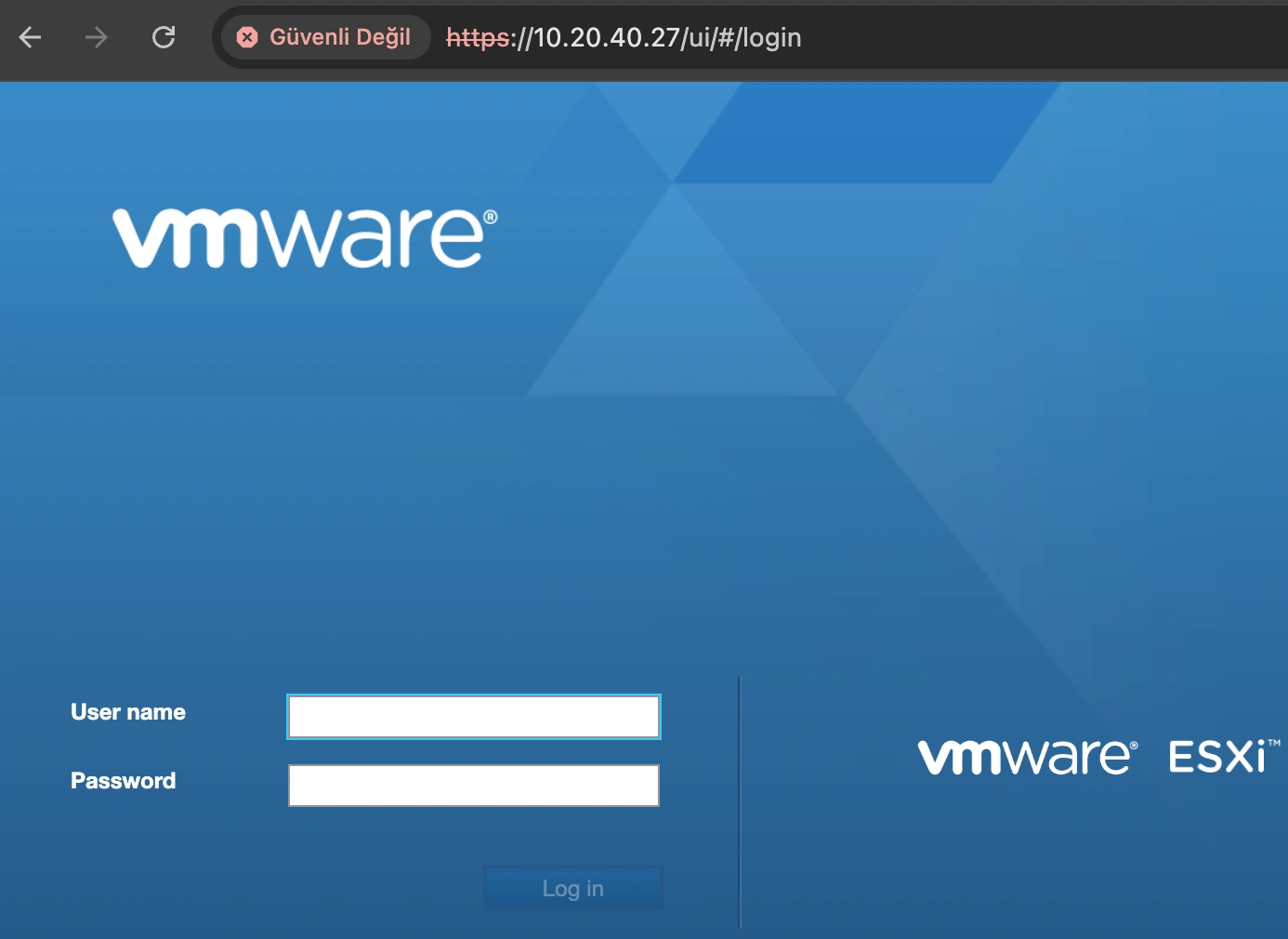 ESXi Web Arayüz Giriş Ekranı